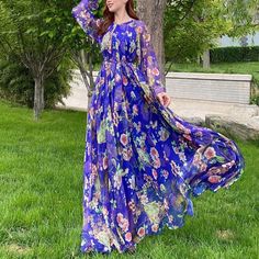 Cap Point Dresses Blue / S Amelia Loose Floral Flowy Chiffon Printed Maxi Dress Islamic Clothes, Fashion Abaya, Maxi Dress Floral, Chiffon Fashion, Dress Flower, Chiffon Long Sleeve, Abaya Fashion, Style Maxi Dress, Boho Maxi Dress