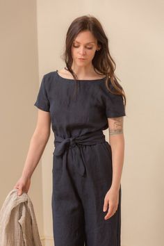 Linen Jumpsuit Short Sleeve Wrap Back Cropped Leg Linen | Etsy Chic Linen Jumpsuits And Rompers With Short Sleeves, Relaxed Fit Linen Jumpsuits And Rompers With Short Sleeves, Relaxed Fit Linen Short-sleeved Jumpsuit, Relaxed Fit Linen Jumpsuit With Short Sleeves, Black Linen Jumpsuit, Jumpsuit Short Sleeve, Midnight Color, Jumpsuit Short, Jumpsuit For Women