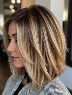 Thick Long Bob Haircut, Short To Mid Length Hair With Layers, Shaggy Lob Side Part, Mid 50's Hairstyles, Shoulder Hair Balayage, Cute Short Mom Haircuts, Textured Bob Long, Mid Shoulder Haircut, Bob Lengths Chart