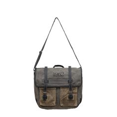 a gray and brown messenger bag with two pockets on one side, the other has an inscription