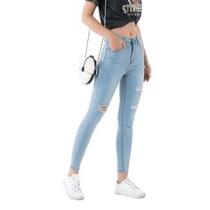 FREE SHIPPING High Waisted Skinny Jeans Female Elastic Denim Plus Size Boyfriend Jeans JKP3661 Trendy Stretch Light Wash Pants, Trendy Light Wash Stretch Pants, Trendy Slim Spring Pants, Trendy Light Wash Jeggings, Casual Ripped Straight Leg Jeggings, Casual Straight Leg Ripped Jeggings, Casual Ripped Jeggings For Spring, Casual Slim Stretch Jeans, High Rise Ripped Stretch Pants