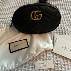 Nwt, Black Leather Belt Bag. Classic Black Bag With Gold-tone Logo Plaque, Classic Gucci Bags With Gold-tone Logo Plaque, Luxury Gucci Bag With Gold-tone Logo Plaque, Elegant Gucci Bag With Gold-tone Logo Plaque, Gucci Leather Belt Bag With Removable Pouch, Gucci Black Bag With Removable Pouch, Black Gucci Bag With Removable Pouch, Gucci Luxury Leather Belt Bag, Gucci Belt Bag With Removable Pouch For Travel