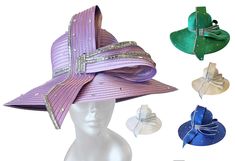 This designer couture dressy satin ribbon hat is a true showstopper, perfect for church, weddings, or any special occasion. With a rounded crown, a long 6-inch down-turned brim, and a large satin ribbon bow adorned with crystal rhinestones, this hat exudes elegance. The crown and brim are also embellished with loose crystal stones. Available in Lavender, White, Champagne, Royal, or Emerald, it features an adjustable sweatband inside to ensure a comfortable fit for most head sizes. Kentucky Derby Party Hat With Satin Bow, Elegant Hat With Satin Bow For Party, Elegant Party Hat With Satin Bow, Kentucky Derby Evening Hat With Satin Bow, Elegant Evening Hat With Satin Bow, Elegant Fitted Fascinator With Ribbon, Formal Hat With Ribbon And Curved Brim, Chic Party Hats With Ribbon, Formal Wide Brim Hat With Ribbon