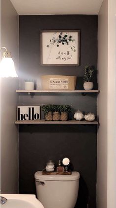 a white toilet sitting in a bathroom next to a shelf filled with books and plants