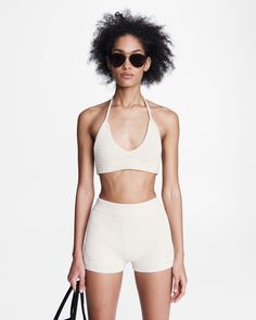 Lena Cotton Halter Top | Apparel Tops | rag & bone Athleisure Top With Built-in Bra And Halter Neck, Fitted Cotton Halter Top With Built-in Bra, Workout Top With Built-in Bra, Triangle Shape, Spring Cotton Halter Top With Built-in Bra, Spring Yoga Halter Top With Built-in Bra, Vacation Racerback Top With Built-in Bra, Stretch Triangle Top In Athleisure Style, Athleisure Stretch Triangle Top, Halter Neck Tops With Seamless Construction For Yoga