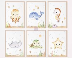 four pictures of sea animals on white paper