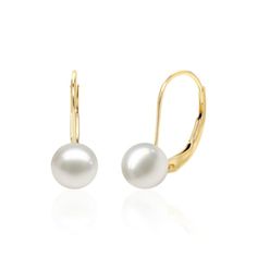 Cherish timeless beauty with our 14K gold pearl earrings. Featuring AAA-quality 8mm round freshwater pearls and a 3/4-inch drop. Secure, comfortable leverback closure. Ideal for June birthdays and 30th anniversaries Classic Pearl Earrings With Lever Back, Classic Pearl Earrings With Lever Back Ear Wires, Classic Round Pearl Earrings With French Hook, Classic Pearl Earrings With French Hook For Anniversary, Classic Pearl Earrings With French Hook For Formal Occasions, Classic Yellow Gold Pearl Earrings With French Hook, Gold Pearl Earrings, Leverback Earrings, White Freshwater Pearl