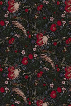 a floral wallpaper with two hands reaching for flowers and leaves in the center, on a black background