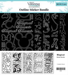 the disney mickey mouse outline sticker bundle is shown in black and white, with various designs