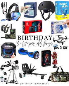 the birthday gift guide for boys is on display in front of a white background with various items