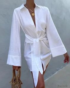 Lasaky - Bell Sleeve Tie Detail Button Down Shirt Dress Button Down Shirt Dress, Chic Type, Dress With Tie, White Shirt Dress, Bell Sleeve Dress, Button Design, Bold Fashion, White Mini Dress, Olivia Mark