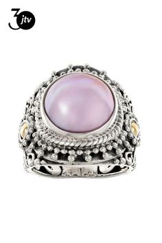 Artisan Collection of Bali���12-13mm Pink Cultured Mabe Pearl Sterling Silver With 18K Yellow Gold Accents Ring. Measures Approximately 0.54"L x 0.81"W. Not Sizeable. Oxidized. Elegant Engraved Cabochon Ring, Gift Cabochon Domed Rings, Spiritual Cabochon Rings For Anniversary, Anniversary Spiritual Cabochon Rings, Mabe Pearl, Gold Accents, Bali, Yellow Gold, Sterling Silver