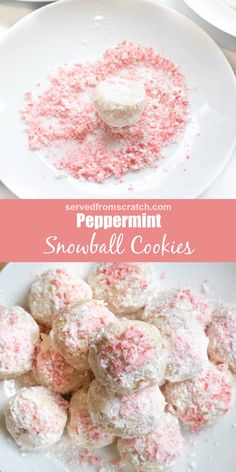 peppermint snowball cookies on a white plate with pink sprinkles