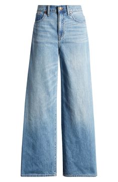 Inspired by styles from the '90s, these high-waist jeans made from nonstretch denim feature ultrawide legs and chic sanding and whiskering at the thighs. 30 1/2" inseam, 23" leg opening; 12" front rise; 14" back rise (size 29) Zip fly with button closure Five-pocket style 100% cotton Machine wash, tumble dry Imported Super Wide Leg Jeans, Aesthetic Clothes Png, Jeans Png, Clothing Png, Easy Trendy Outfits, Denim Flares, 70s Fashion, Calvin Klein Jeans, Sanding