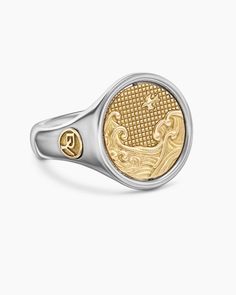 Water and Fire Duality Signet Ring in Sterling Silver with 18K Yellow Gold, 20mm Greek Sun God, Water And Fire, David Yurman Ring, Mens Gold Rings, Chain Strap Bag, Silver Signet Ring, Floral Shoes, Yellow Gold Ring, Men's Rings