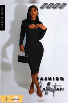 Fall Long Sleeve Bodycon Cut Out Knitted Dresses Chic Long Sleeve Hollow Out Bodycon Dress, Winter Club Midi Length Bodycon Dress, Winter Midi-length Bodycon Dress For Going Out, Trendy Ribbed Bodycon Dress For Party, Solid Bodycon Sweater Dress For Party, Bodycon Sweater Dress For Party, Bodycon Party Sweater Dress, Chic Ribbed Bodycon Dress For Club, Trendy Ribbed Midi Dress For Night Out