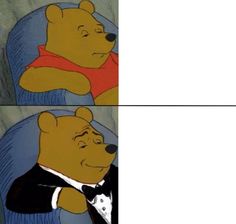 two pictures of winnie the pooh sitting in a chair, one with his eyes closed