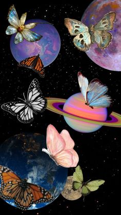 butterflies flying around the planets in space