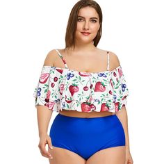 Plus Size Fruits Print Flounce Two Piece Swimsuit - Colormix - 3E66085312 - Women's Clothing, Plus Size Women's Clothing  #PlusSizeWomensClothing #Women's #Clothing # #Plus #Size #Women's #Clothing Peplum Bathing Suit, Skirted Swimsuit, Plus Size Two Piece, Swimwear Tankini, Women Swimwear, Two Piece Swimsuit, Plus Size Beauty, Tankini Set, Fashion Plus Size