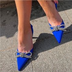 New With Tags Blue Pointed Toe Slingback Pumps For Party, Blue Slingback Pumps With Round Toe For Party, Blue Closed Toe Slingback Pumps For Evening, Blue Round Toe Slingback Pumps For Evening, Blue Slingback Pumps With Round Toe For Evening, Blue Slingback Heels For Party, Blue Pointed Toe Heels With Rhinestones, Blue Rhinestone Pointed Toe Heels, Elegant Blue Slingback Pumps For Party