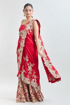 Red pre-draped saree with multi colored floral embroidery. Comes with floral embroidered unstitched blouse piece. - Aza Fashions Red Pre-draped Saree With Intricate Embroidery For Party, Red Resham Embroidery Pre-draped Saree For Wedding, Festive Draped Dress With Intricate Embroidery, Red Designer Pre-draped Saree, Draped Party Dress With Intricate Embroidery, Silk Dupatta With Intricate Embroidery For Evening, Pre-draped Saree With Intricate Embroidery For Reception, Red Embroidered Pre-draped Saree, Red Embroidered Fabric With Floral Detail For Reception