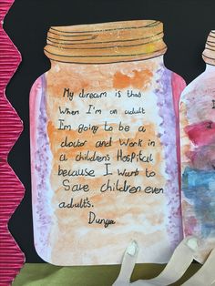 a child's handwritten poem is displayed next to two empty jars