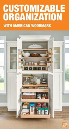 an open cabinet with the words customizable organization in front of it and on the bottom shelf