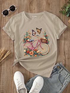 Khaki Casual Collar Short Sleeve Fabric Floral,Butterfly  Embellished Slight Stretch  Women Clothing Printed Tee Women, Bike Print, Fabric Painting On Clothes, Classy Winter Outfits, Shirts Women Fashion, Floral Butterfly, Painted Clothes, Fabric Floral, Women T Shirts