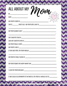 an all about my mom printable for mother's day with purple chevrons