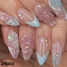 24pcs French Almond Press-On Nails Set, Blue & Pink Gradient 3D Stripes & Floral Butterfly Design, Removable Fake Nails with 1 Gel & Nail File, Glossy Finish for Women and Girls 24 Tablets In A Box Kutek Disney, Cute Simple Nails, Simple Gel Nails, Aesthetic Nails