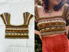 a woman is wearing a crop top made from crochet and has her hands on her hips