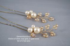 Elegant Pearl and Crystal Hairpins - Set of Two This beautiful set of two beaded bridal hairpins features pearls combined with crystals, all hand-wired with non-tarnish wire. Choose from silver, rose gold, or gold wiring to match your style. Please indicate your preference at checkout. Please note that each piece may have slight variations because all items are handmade. I strive to keep designs as close to the original photographs as possible. Feel free to reach out if you have any questions or Bridal Hairpins, Pearl Hair Accessories, Gold Hair Accessories Wedding, Pearl Hair Piece, Bridesmaid Hair Clips, Hair Pins Wedding, Handmade Hairpin, Pearl Hair Combs, Hair Accessories Bridal