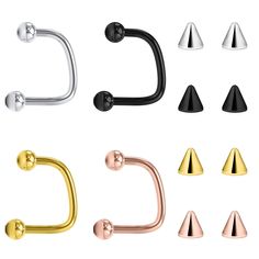 six different types of piercings on white background