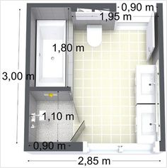 the floor plan for a small bathroom is shown in gray and white, with measurements