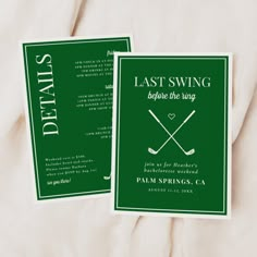 the front and back of a green golf themed wedding card with two crossed clubs on it