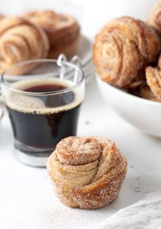 several pastries and coffee on a table