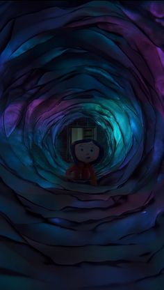 a person standing in the middle of a tunnel with blue and purple swirls on it