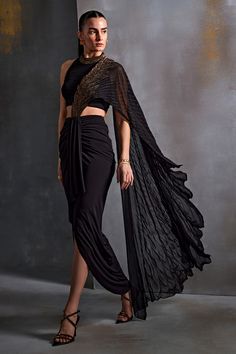 Buy Black Jersey Embellished Cordelia Draped Concept Saree With Blouse For Women by Namrata Joshipura Online at Aza Fashions. Georgette Saree With Draped Sleeves For Evening, Georgette Saree With Cape Sleeves For Parties, Party Georgette Saree With Draped Sleeves, Party Saree With Draped Sleeves In Georgette, Party Pre-draped Saree With Cape Sleeves And Dupatta, Black Draped Saree With Sheer Dupatta, Evening Blouse With Dupatta And Cape Sleeves, Bollywood Style Pre-draped Saree With Cape Sleeves For Party, Party Pre-draped Georgette Saree With Cape Sleeves