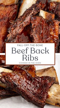 beef ribs with bbq sauce on top and the title overlay reads fall off the bone beef ribs cooked in the oven