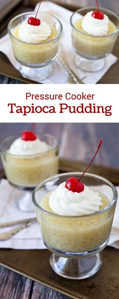 two small desserts with whipped cream and a cherry on top, in glass bowls