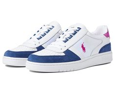 Polo Ralph Lauren Court Low-Top Sneaker - Men's Shoes : White/Light Navy/Vivid Pink : Step your every day wear game up in the Polo Ralph Lauren Court Low-Top Sneaker featuring a classic lace-up style shoe with color blocking details and branding tabs throughout. Leather upper. Textile lining and insole. Synthetic outsole. Imported. Measurements: Weight: 1 lb Product measurements were taken using size 9, width D - Medium. Please note that measurements may vary by size. Weight of footwear is based Blue Sneakers With Embroidered Logo For Casual Wear, Blue Sporty Sneakers With Embroidered Logo, Casual Mid-top Sneakers With Embroidered Logo, Sporty Mid-top Sneakers With Embroidered Logo, White Casual Sneakers With Embroidered Logo, Casual White Sneakers With Embroidered Logo, Casual Low-top Sneakers With Embroidered Logo, Collegiate White Sneakers With Round Toe, White Collegiate Sneakers With Round Toe