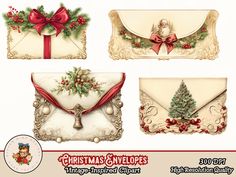 four christmas envelopes with bows, holly and pine trees on them are shown in this set