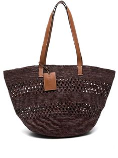 brown raffia woven raffia design perforated detailing leather shoulder straps open top logo charm main compartment internal patch pocket internal logo patch Luxury Leather Crochet Bag With Leather Handles, Luxury Crochet Leather Bag With Leather Handles, Intrecciato Weave Crochet Shoulder Bag For Vacation, Designer Woven Leather Beach Bag, Luxury Leather Crochet Bag For Daily Use, Luxury Brown Crochet Bag For Shopping, Brown Top Handle Bucket Bag With Woven Leather, Designer Straw Shoulder Bag With Leather Handles, Elegant Brown Bucket Bag With Intrecciato Weave