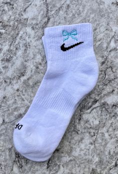 These cute and trendy socks are a white everyday ankle sock embroidered with a dainty light blue bow on each side. 🎀✨ ✨ listing for one pair only ✨ comes in woman's size 6-10 Socks Coquette, Cute Socks Aesthetic, Girly Socks, Ribbon Socks, Socks Bow, Pretty Socks, Socks Aesthetic, Vintage Nike Sweatshirt, Bow Light