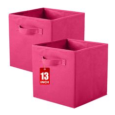 two pink storage bins with the number 13 inch on each side and one in red