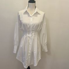 White Button-Down Dress Cinched Waist Length 32 Inches Waist 26 1/2 Inches Drop Shoulder. Sleeves 22 Inches Long Never Worn. Nice Fabric. Solid Color Button-up Mini Dress For Daywear, Elegant Long Sleeve Shirt Dress For Daytime, Classic White Button-up Dress, Solid Color Fitted Shirt Dress For Day Out, Fitted Long Sleeve Mini Dress For Daytime, Fitted Button-up Shirt Dress For Brunch, White Buttoned Shirt Dress For Brunch, Fitted White Shirt Dress With Button Closure, White Shirt Dress With Buttons For Brunch