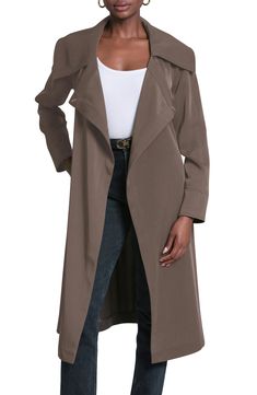 A showy collar and a graceful drape animate a softly styled trench coat you'll truly appreciate during the between season. 44 1/2" length (size Medium) Open front Notched lapels Front welt pockets Removable sash Partially lined 94% polyester, 6% spandex Dry clean Imported Elegant Long Outerwear For Fall, Elegant Taupe Outerwear For Fall, Elegant Fitted Taupe Outerwear, Taupe Fitted Chic Outerwear, Chic Taupe Outerwear For Spring, Elegant Collared Spring Outerwear, Open Front Formal Outerwear For Fall, Formal Open Front Outerwear For Fall, Elegant Long Spring Outerwear