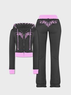 Buy Inexpensive Two-Piece Sets at Kollyy online store, SPU: 48Q3TW9TD3F9, Color: Black-pink, Edition type:Regular Fit, Style:Y2k. Pink Fitted Casual Set, Pink Two Piece Set, Color Block Coats, High School Outfits, Pink Two Piece, Sweatshirt Set, Y2k Black, Trendy Fashion Women, Fit Style