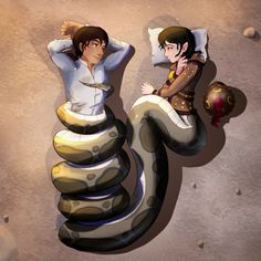 two cartoon characters sitting on top of a giant snake