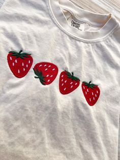 Strawberry Embroidered Comfort Colors Tee, Fruit Shirt, Summer T-shirt, Embroidered Tee, Embroidered Shirt, Custom Shirt, Cute Strawberries - Etsy Trendy Embroidered Cotton Shirt, Cute White T-shirt With Machine Embroidery, Cute Embroidered Cotton Shirt, Cute White Top With Machine Embroidery, Cute White Tops With Machine Embroidery, Long Sleeve Cotton Tops With Strawberry Print, Casual Cotton Shirt With Machine Embroidery, Cute Cotton Tops With Machine Embroidery, Red Cotton T-shirt With Floral Embroidery